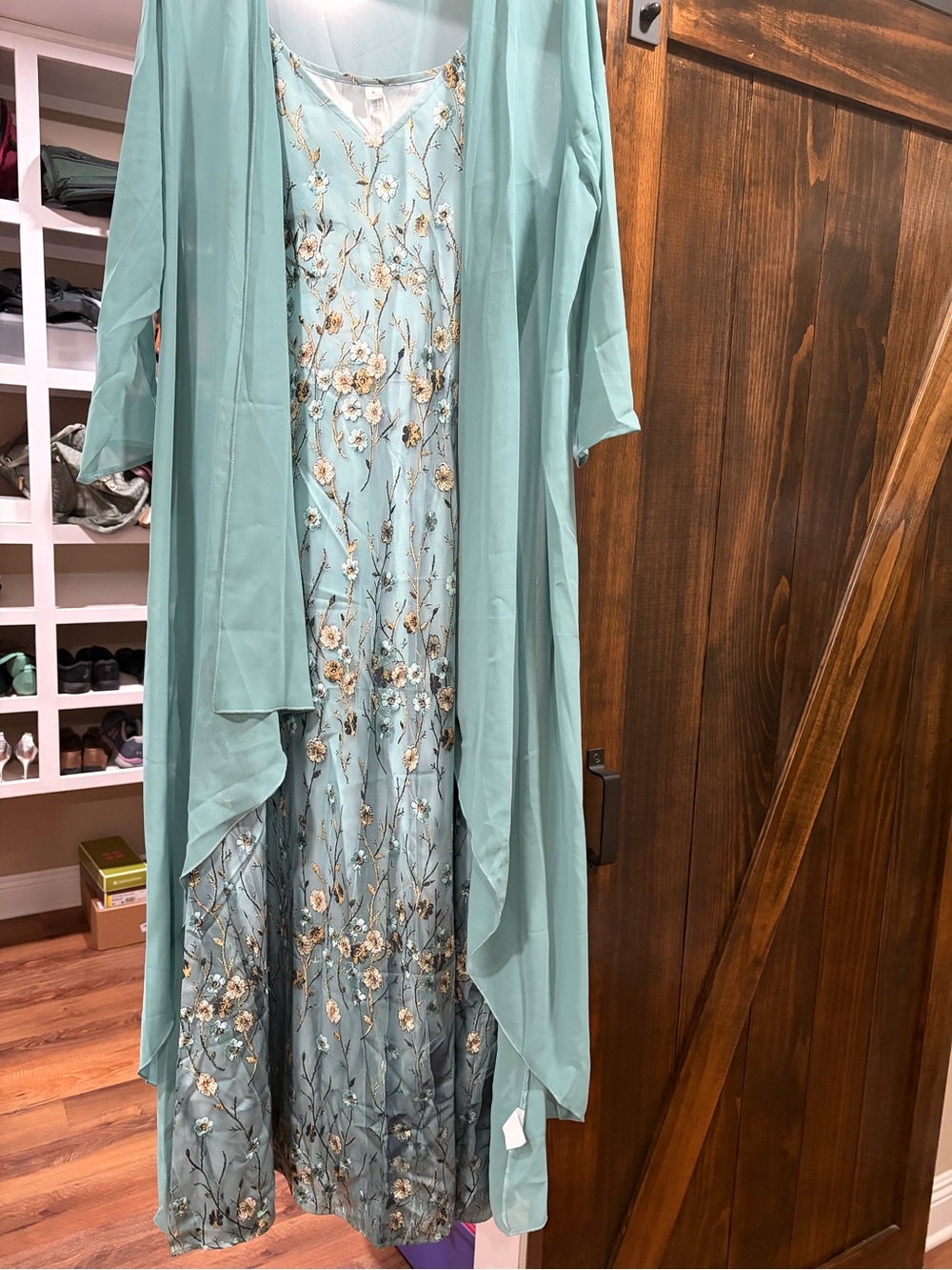 Elegant Mint Green Floral Embroidered Women’s Dress with Overlay